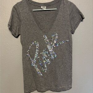 PINK Victoria's Secret Charcoal Gray Sequin Script V-Neck Tee